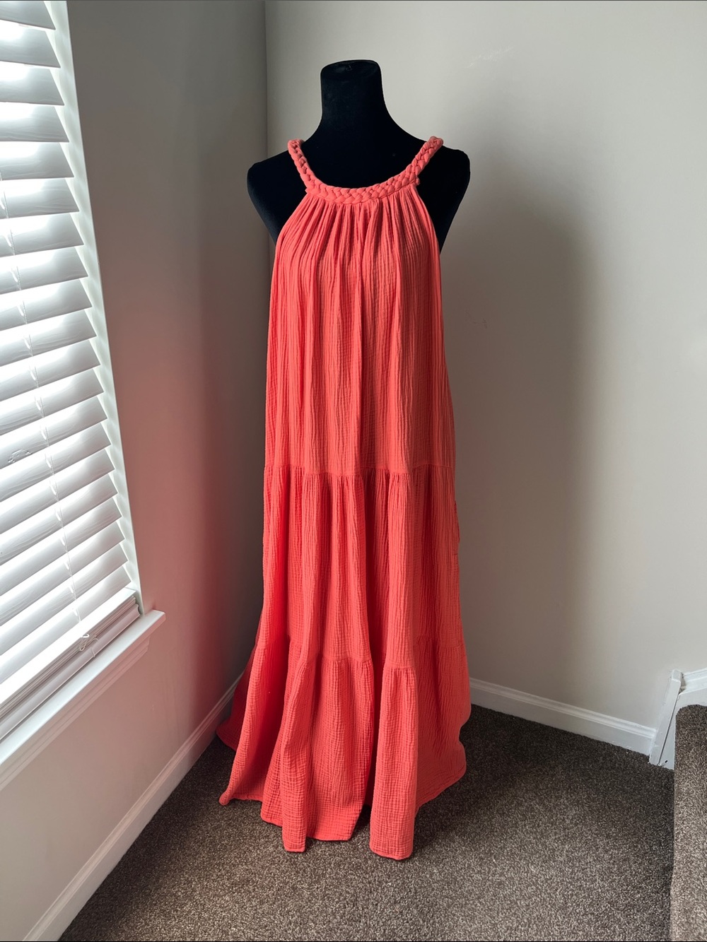 Braided Halter Coral Maxi Dress - Sleeveless Tiered Gown